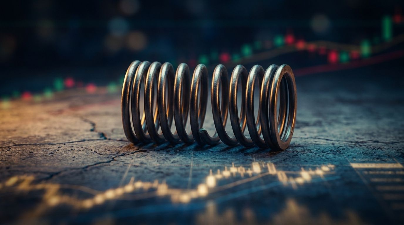A dramatic close-up of a coiled spring under intense compression, set against a dark background with a faint stock chart pattern glowing beneath it, suggesting explosive potential energy about to be released. The spring sits atop a cracked surface, with subtle red and green market ticker-style lighting casting tension across the scene. The visual instantly conveys the idea of a market at a breaking point — pressure building to a violent, inevitable snap.