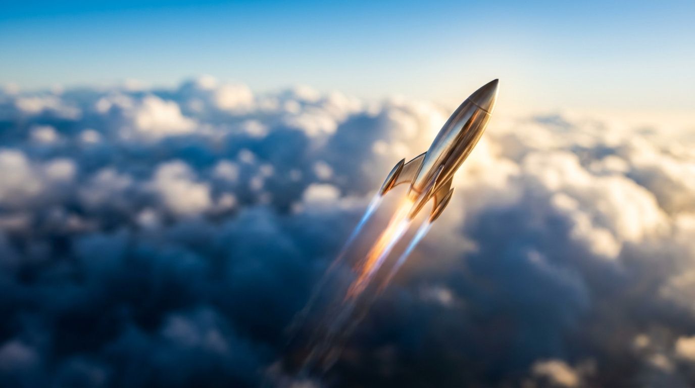 A rocket or jet breaking through a ceiling of clouds into clear blue sky, symbolizing a market breakout after a period of consolidation. The image should have a dramatic upward trajectory with dynamic motion blur and vibrant colors — deep blues giving way to bright sunlight above the cloud layer. This instantly communicates the concept of a powerful upward breakout following a period of sideways "breather" movement in the markets.