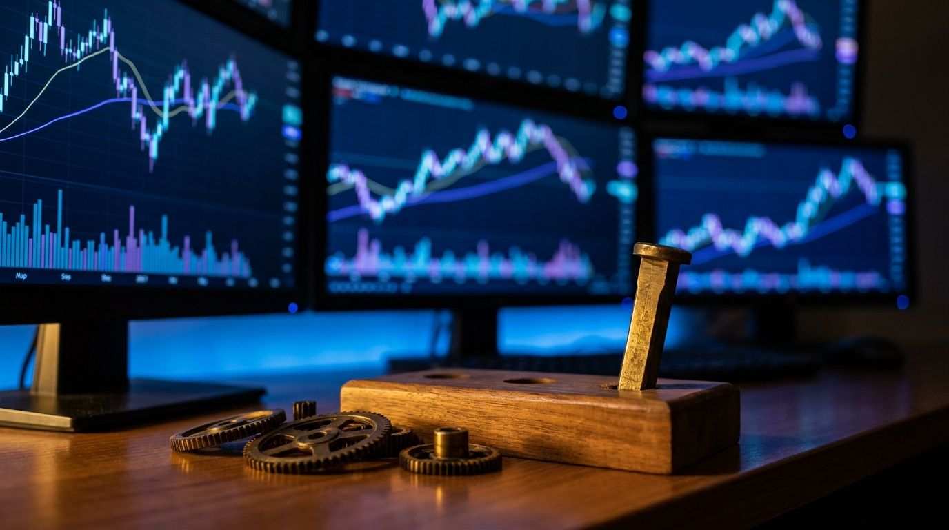 A trader sits at a desk staring at multiple monitors displaying chaotic, conflicting chart patterns, with a square peg visibly being forced into a round hole sitting prominently in the foreground as a symbolic prop. The lighting is dramatic, with the blue glow of the screens illuminating a frustrated expression on the trader's face. This visual metaphor instantly communicates the core idea of mismatching a strategy to the wrong market conditions.