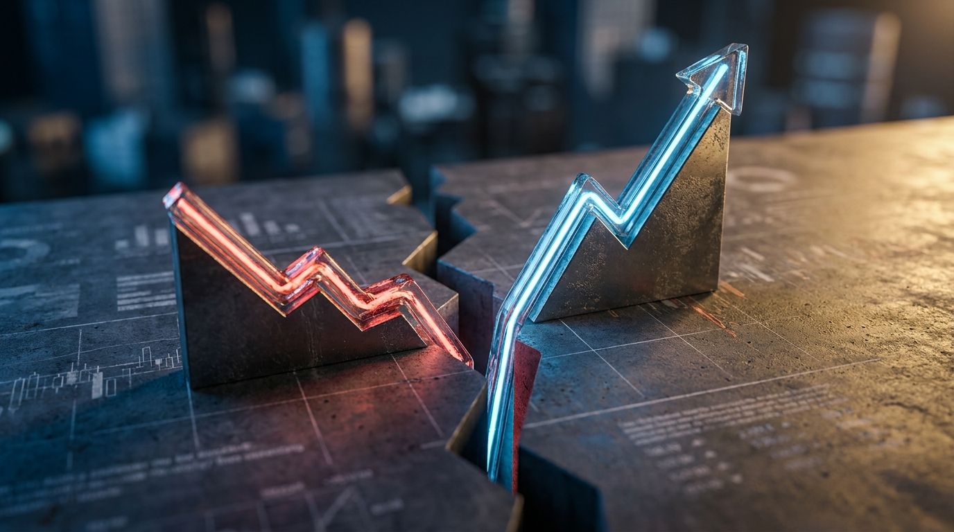 A cracked or splitting graph line dramatically diverging into two separate paths — one shooting upward and one plunging downward — against a dark financial chart background. The visual metaphor of a clean break or fracture running through the center of the image immediately communicates a market relationship falling apart. Muted blues and reds for the diverging lines against a dark background would create a striking, high-contrast thumbnail that signals tension and disruption.