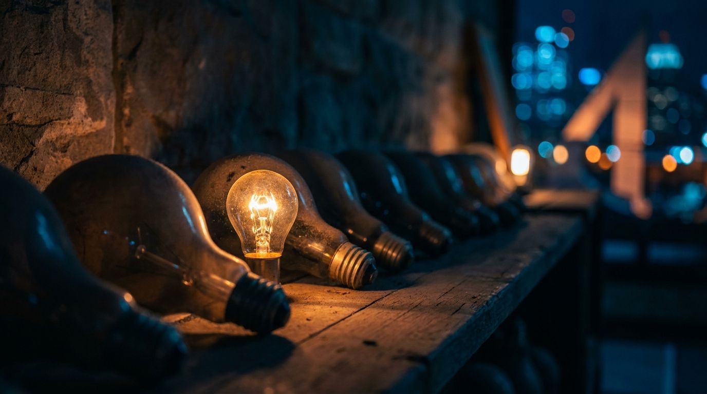 A small, dimly lit lightbulb suddenly blazing to life among a row of larger, brighter bulbs, symbolizing the awakening of a previously overlooked market segment. The contrast between the glowing small bulb and its overshadowed neighbors captures the shift in momentum from large-cap giants to smaller, undervalued stocks. Warm golden light radiates from the small bulb, suggesting opportunity and energy emerging from an unexpected source.