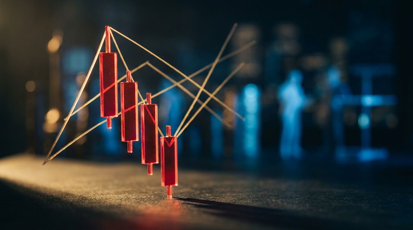 A dramatic stock market chart displaying three consecutive red candlesticks descending from a peak, set against a tense, dark financial backdrop with faint upward-trending earnings lines visible in the background. The visual tension between the falling price action and the resilient underlying data creates a sense of uncertainty at a potential market top. Subtle crowd imagery or overlapping figures could be incorporated in the background to represent the "crowded trade" concept central to the ar