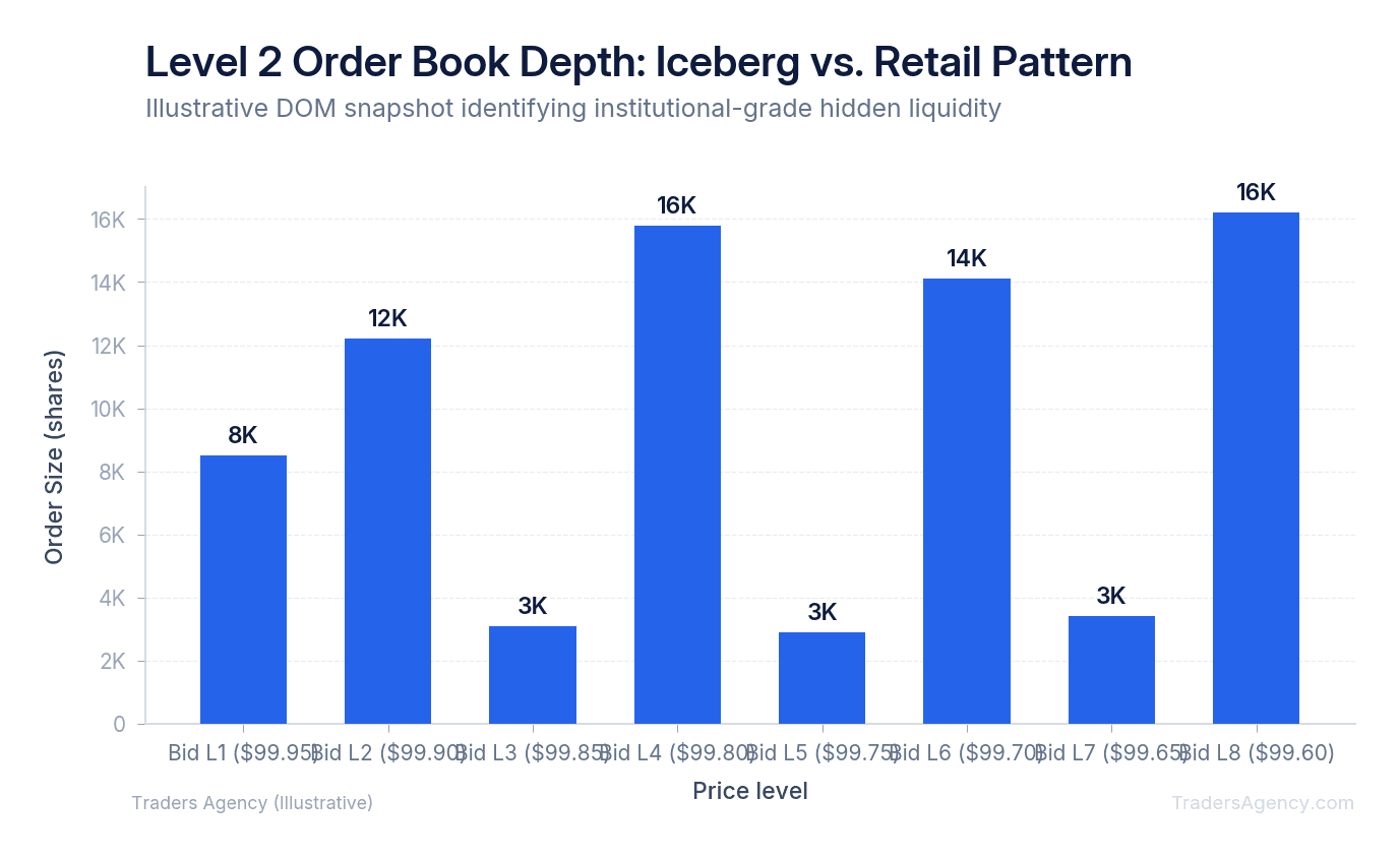 Bar chart comparing bid-side order book depth showing a suspicious gap pattern consistent with hidden iceberg orders