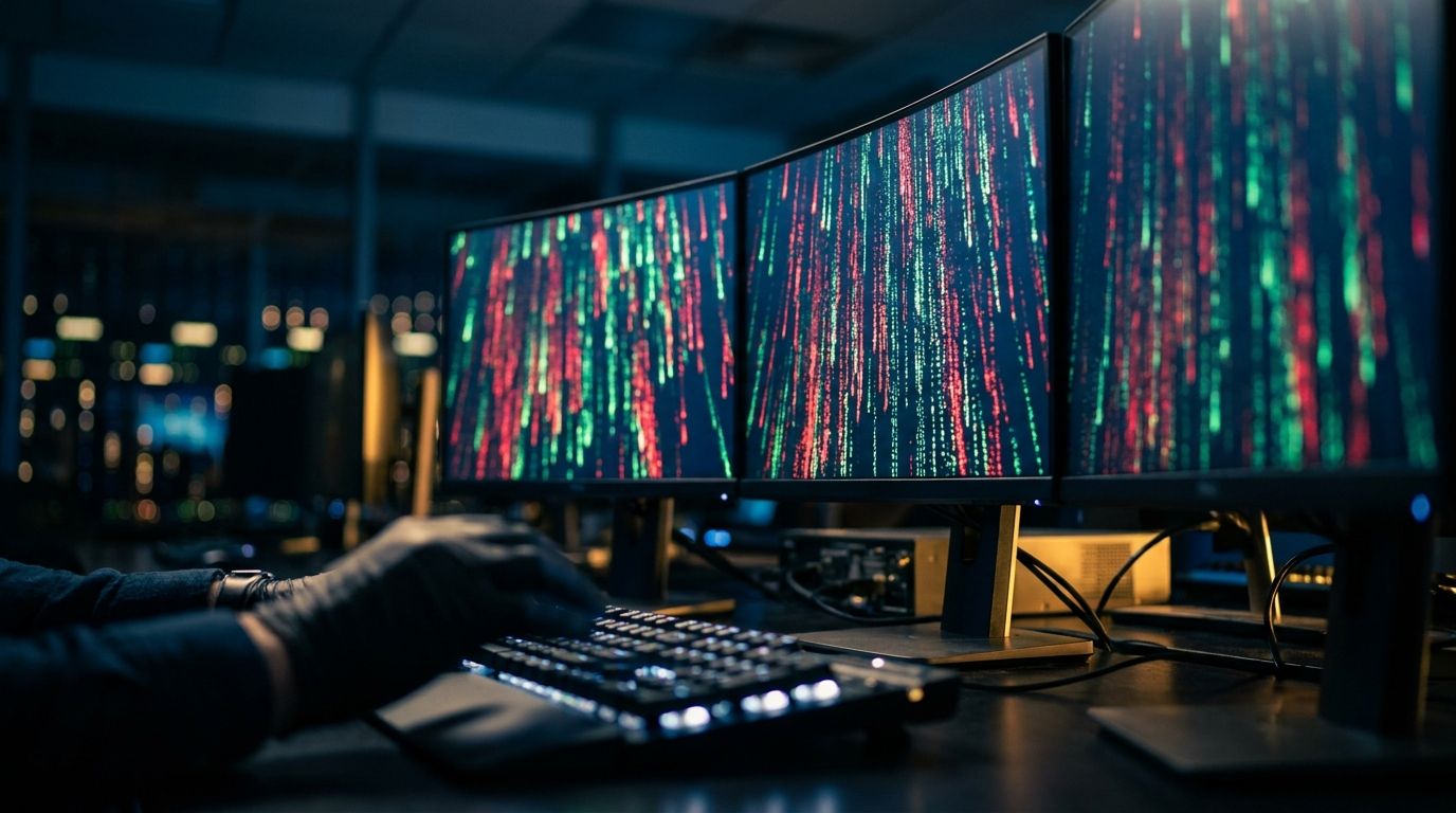 A close-up shot of multiple glowing trading monitors in a dark room, displaying cascading green and red numbers streaming downward like a financial waterfall, representing the real-time time and sales tape.