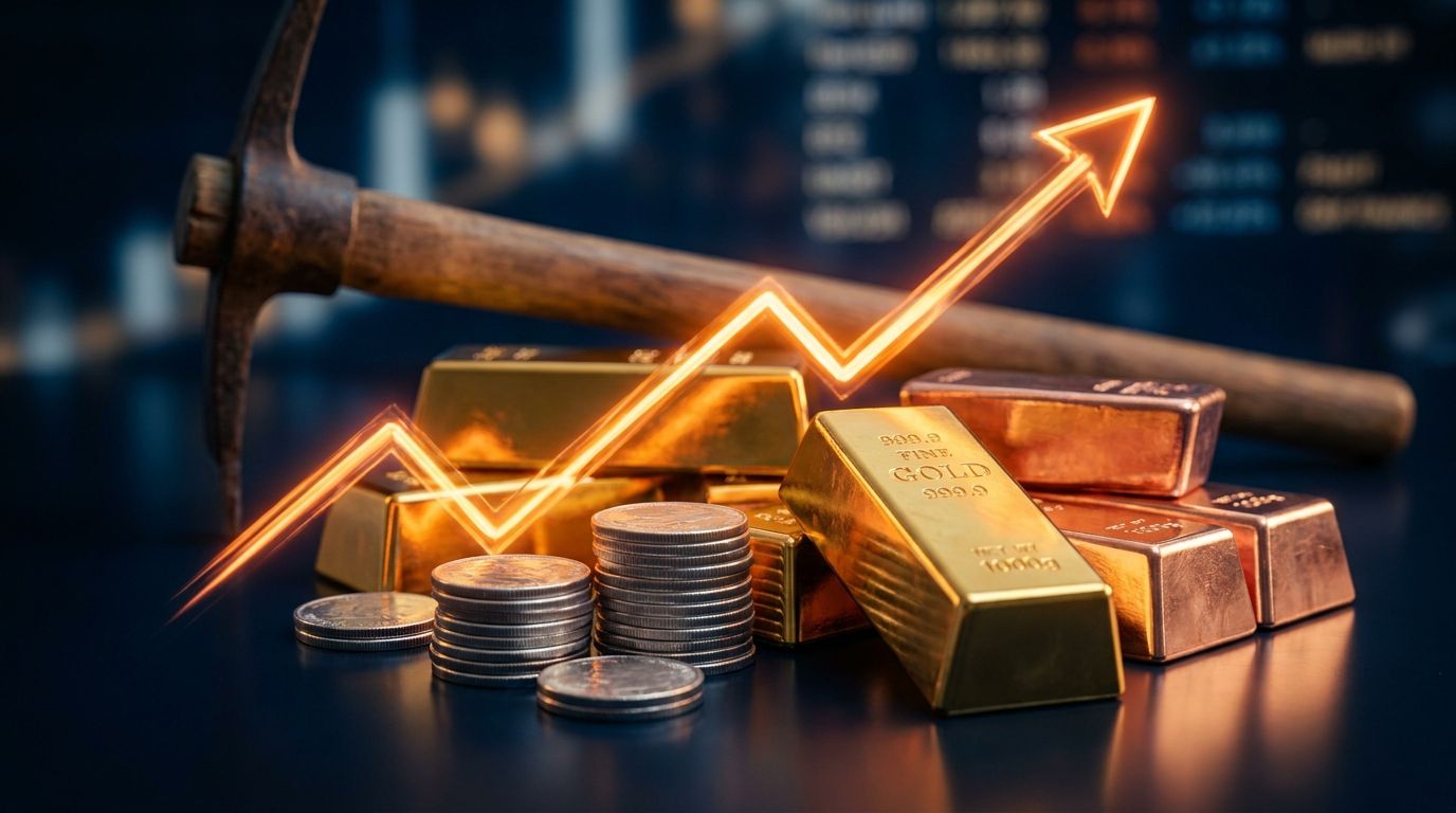 A dramatic close-up of gleaming gold bars, copper ingots, and silver coins arranged together on a dark reflective surface, with a bold upward-trending chart line rendered in glowing light overlaid across the scene.