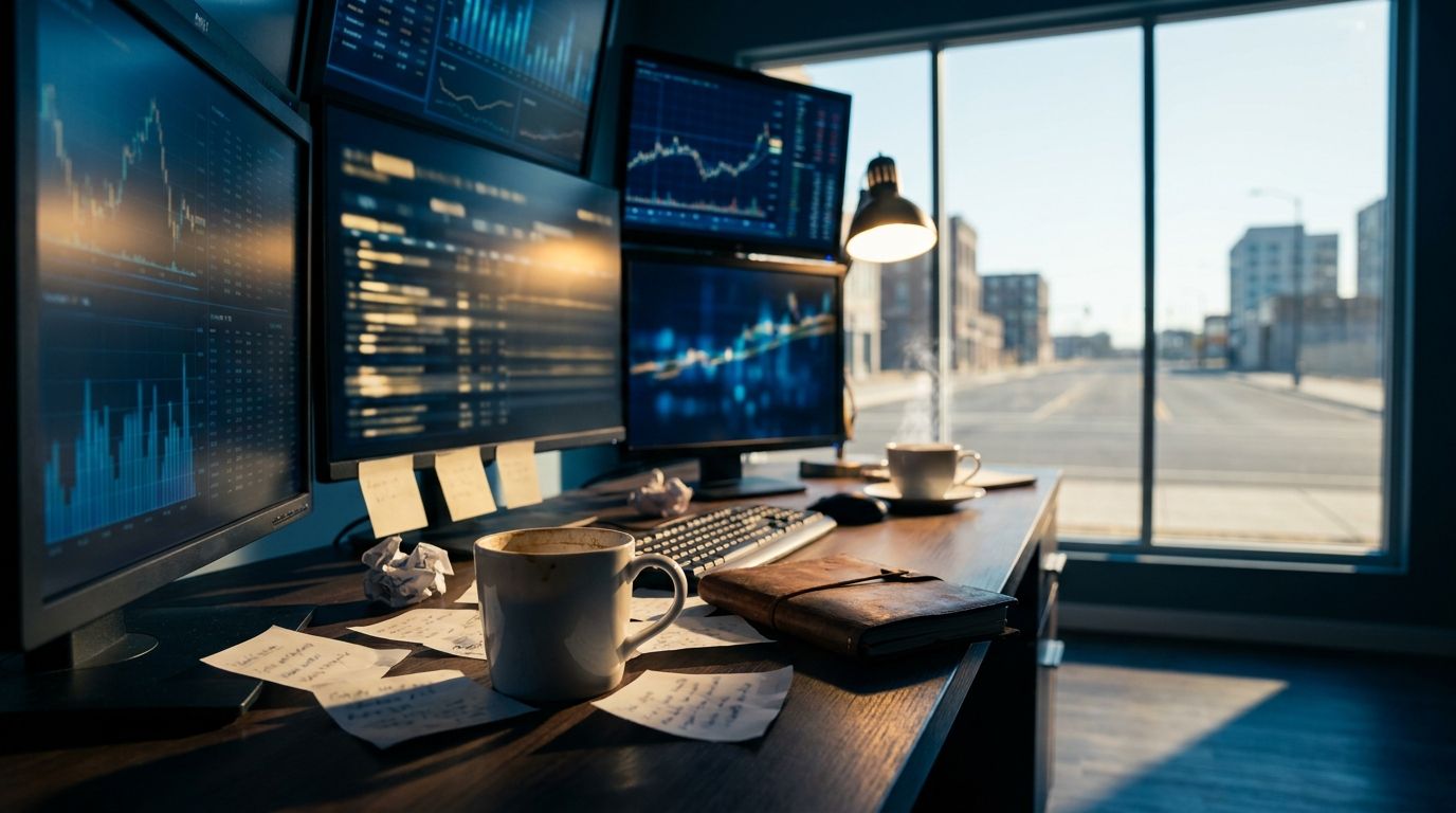 A trader sits alone at a desk surrounded by multiple glowing screens showing stock charts, while outside the window a long, empty holiday weekend stretches out — symbolized by a bright sunny sky and a deserted street. The trader's expression shows visible temptation and overthinking, with scattered notes and coffee cups suggesting hours of second-guessing. The contrast between the calm, unchanged charts and the trader's anxious energy captures the psychological danger of too much idle time and i