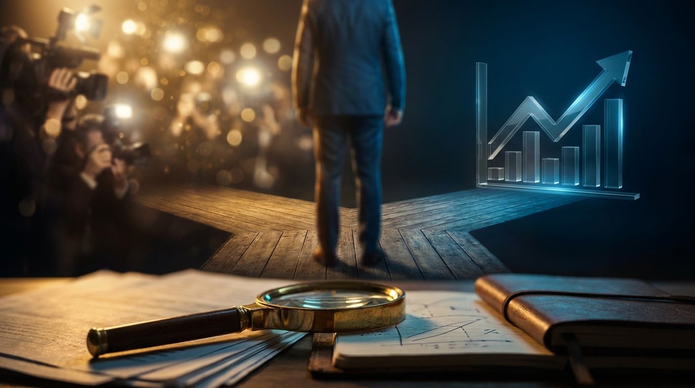 A sharp-dressed figure stands at a crossroads, one path illuminated by a spotlight representing a charismatic, larger-than-life personality (suggested by a blurred crowd or media cameras), while the other path leads toward a clear financial chart showing upward momentum. In the foreground, a magnifying glass hovers over a document filled with stock transaction records, symbolizing the act of scrutinizing insider buying activity rather than following celebrity opinions. The overall mood is analyt