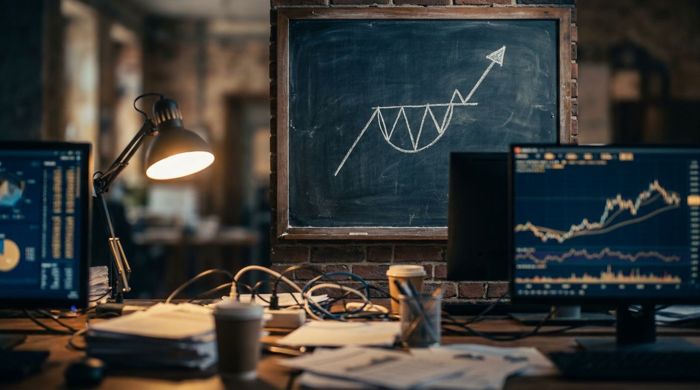 A trader sits at a cluttered desk surrounded by scattered papers, complex charts, and multiple monitors displaying obscure indicators, while a simple, clean chalkboard in the background shows a classic, proven price pattern with a clear upward trend. The contrast between the overwhelming chaos in the foreground and the elegant simplicity of the timeless setup behind them tells the whole story. Warm desk lighting creates a focused, contemplative mood that reinforces the "stop overcomplicating it"