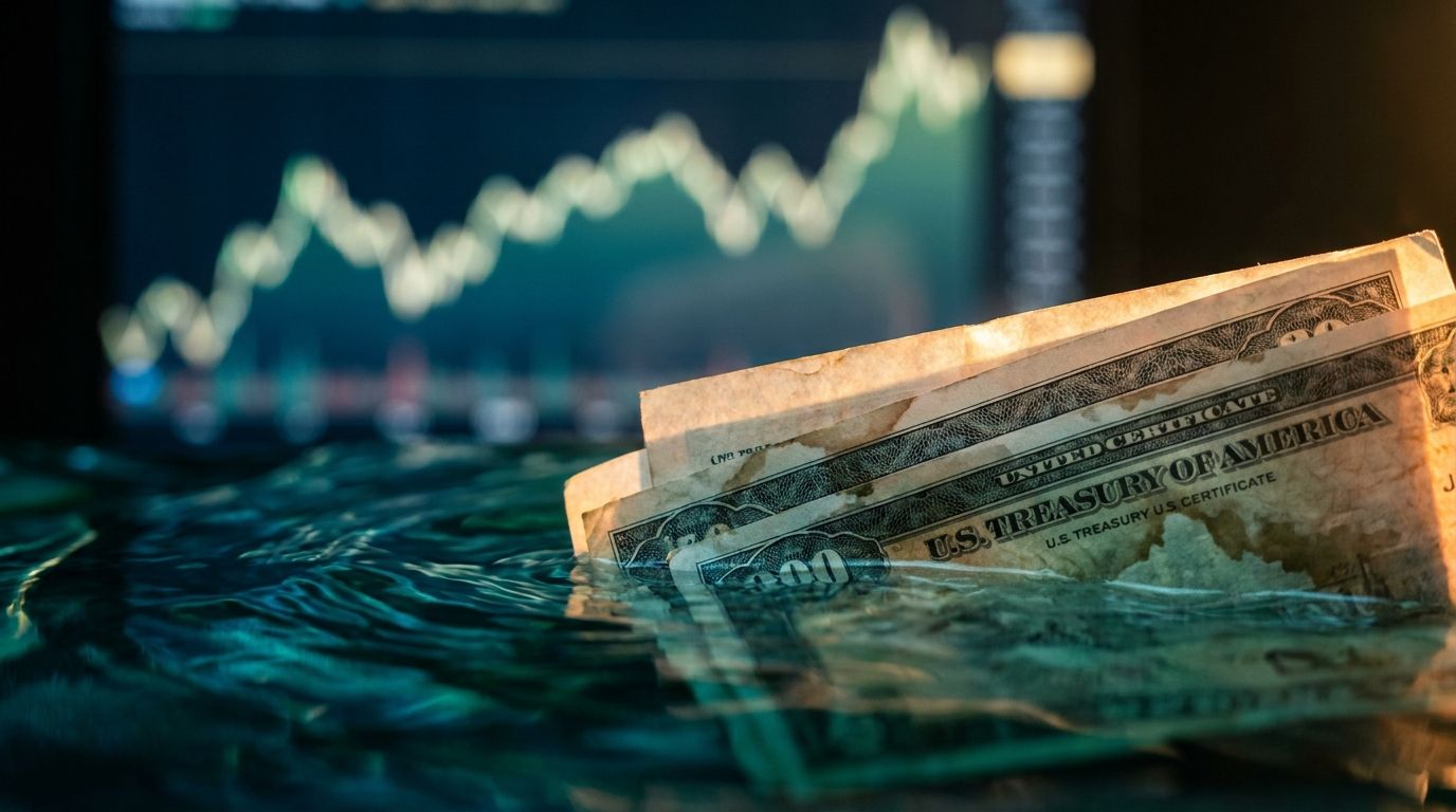 A close-up shot of U.S. Treasury bond certificates or government debt documents partially submerged in or being pulled back from a rising tide of water, symbolizing the buyback intervention stemming the flood of rising yields. The scene is