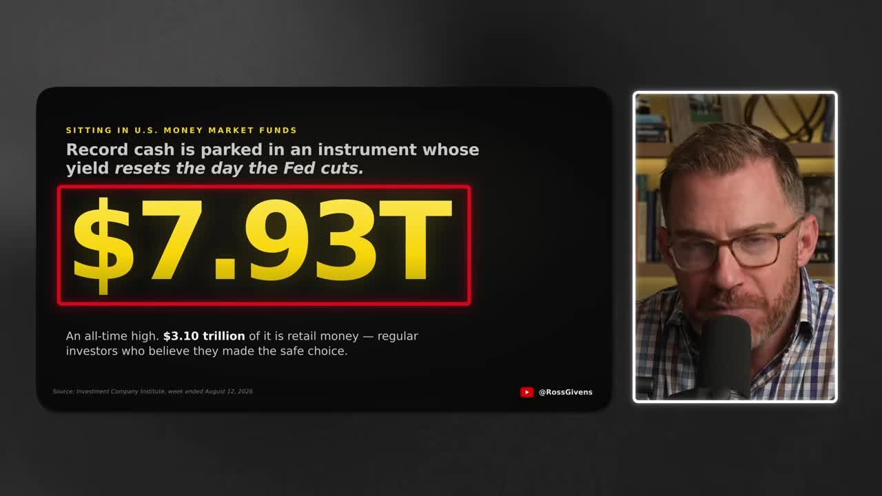 Stat overlay showing $7.93 trillion sitting in U.S. money market funds, an all-time high, with over $3 trillion of it retail money