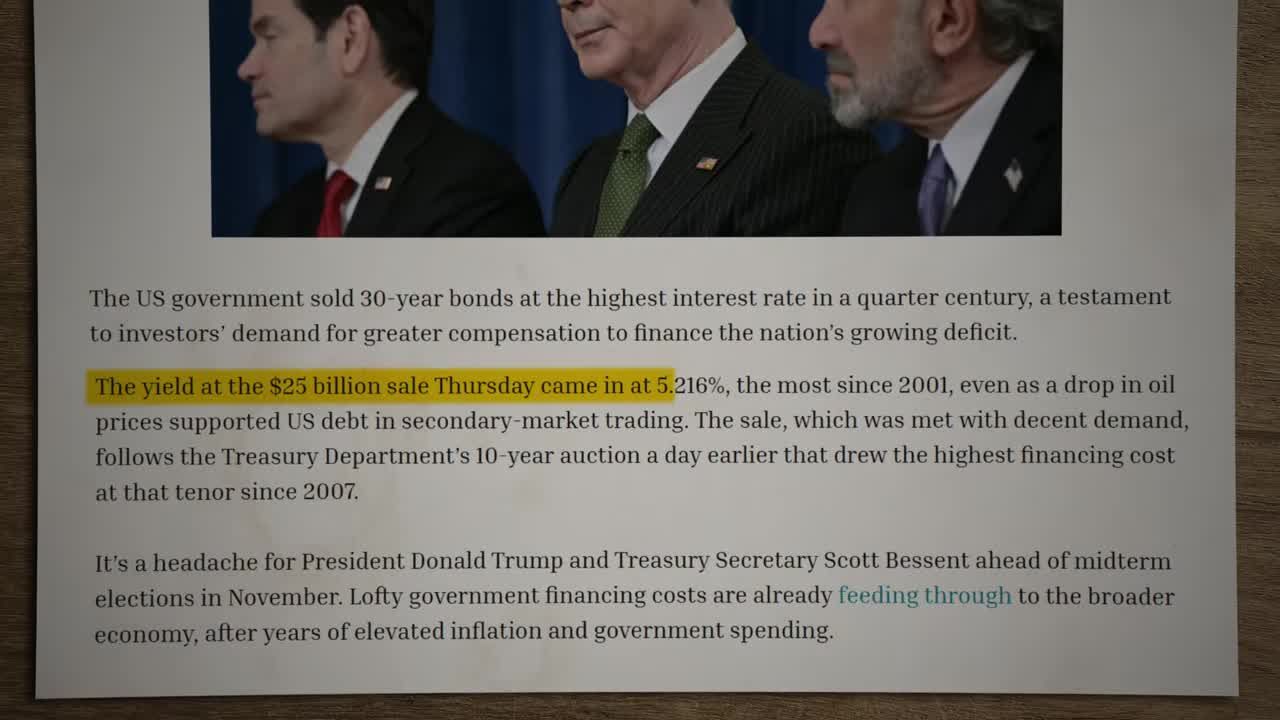Fortune article excerpt highlighting the 30-year bond yield of 5.216% at the $25 billion Treasury sale, the highest since 2001