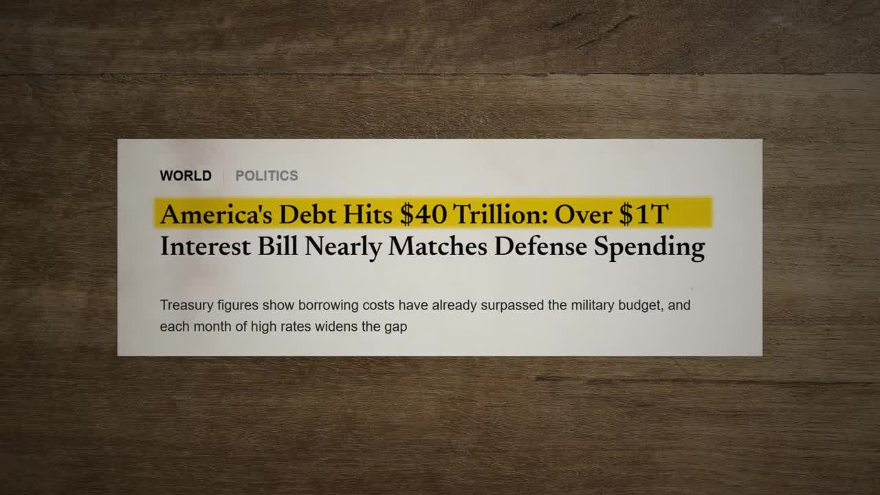 News headline stating America's debt hits $40 trillion with over $1 trillion interest bill nearly matching defense spending