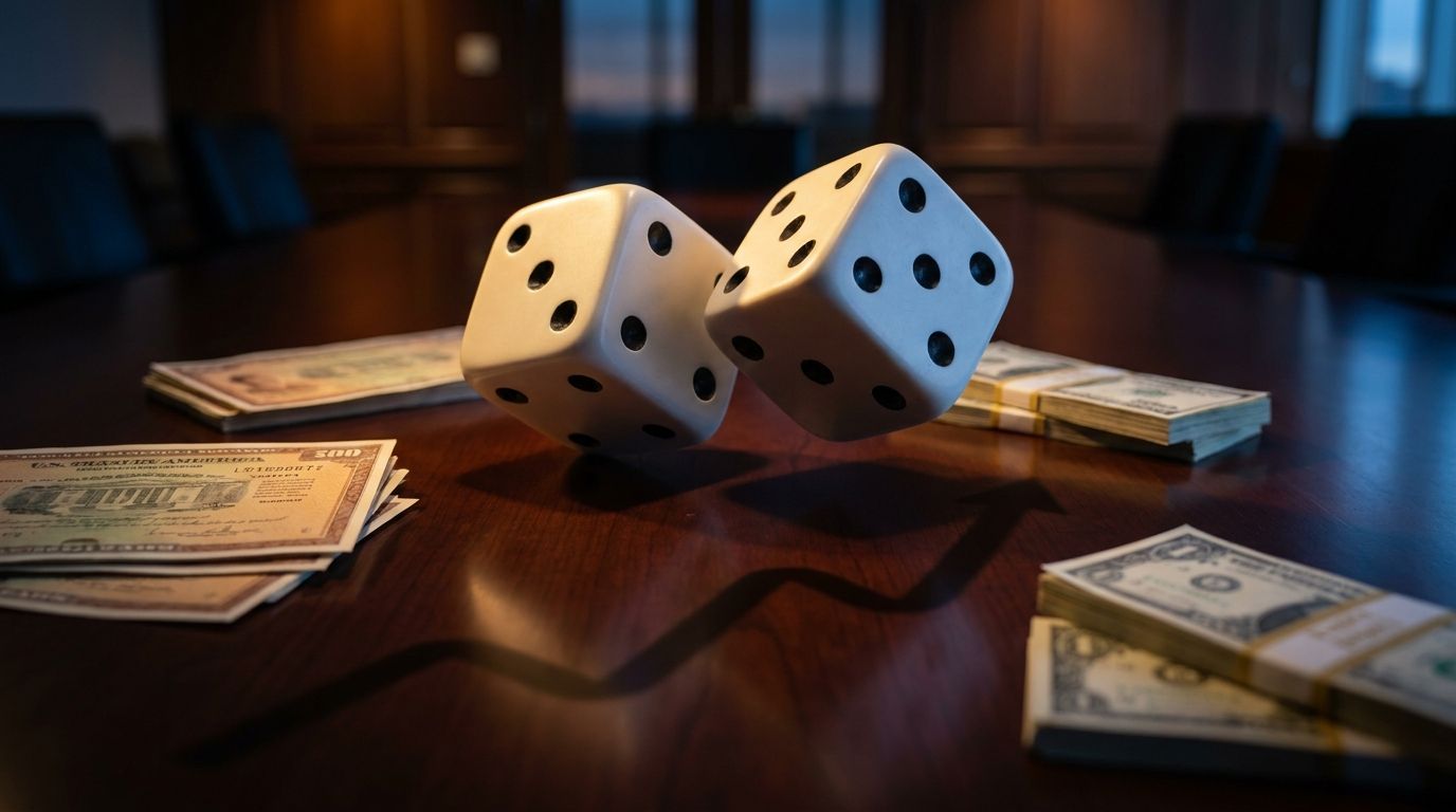 A giant pair of dice mid-roll on a polished surface, with U.S.