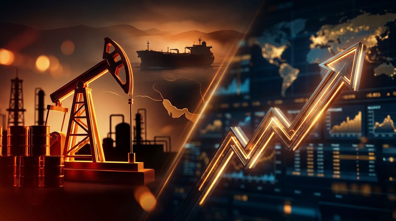 A split-composition image showing a dramatic upward-surging oil derrick or barrel graphic on one side and a sharp rising yield curve or bond chart on the other, both rendered in bold amber and red tones against a dark financial backdrop.