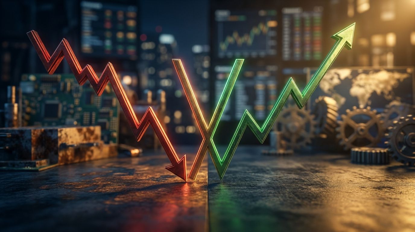 A split-screen financial visualization shows two contrasting trend lines — a sharply declining red line representing falling bonds on one side, and a rising green line representing climbing stocks on the other, set against a dark, dramatic