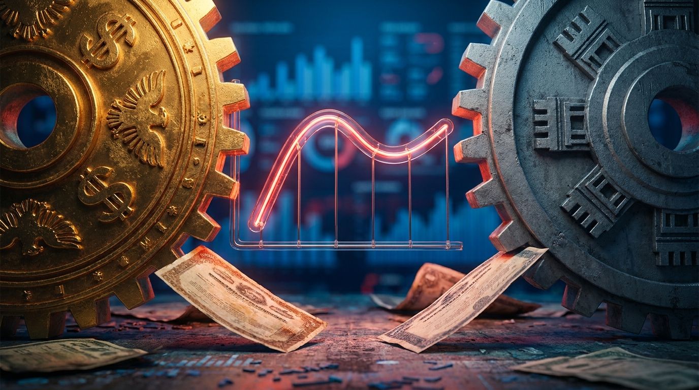 A dramatic visual of two massive gears or levers pulling in opposite directions — one representing the Treasury (perhaps gold-toned, adorned with dollar symbols) and one representing the Federal Reserve (stern, institutional gray) — locked