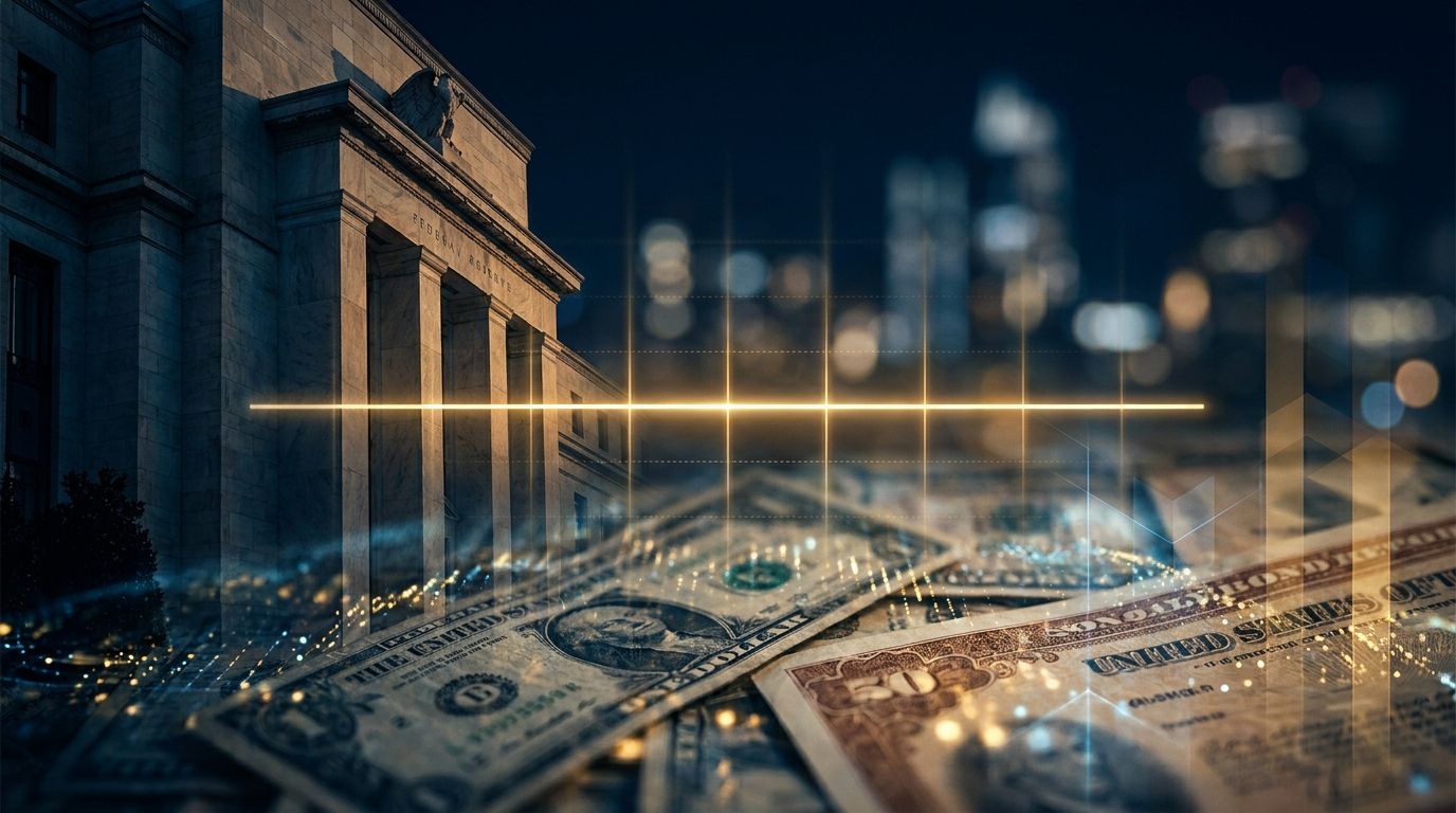 A split composition showing a Federal Reserve building or Treasury Department facade on one side, with a dynamic graph line running flat and steady across the center, symbolizing yields holding in a tight range.