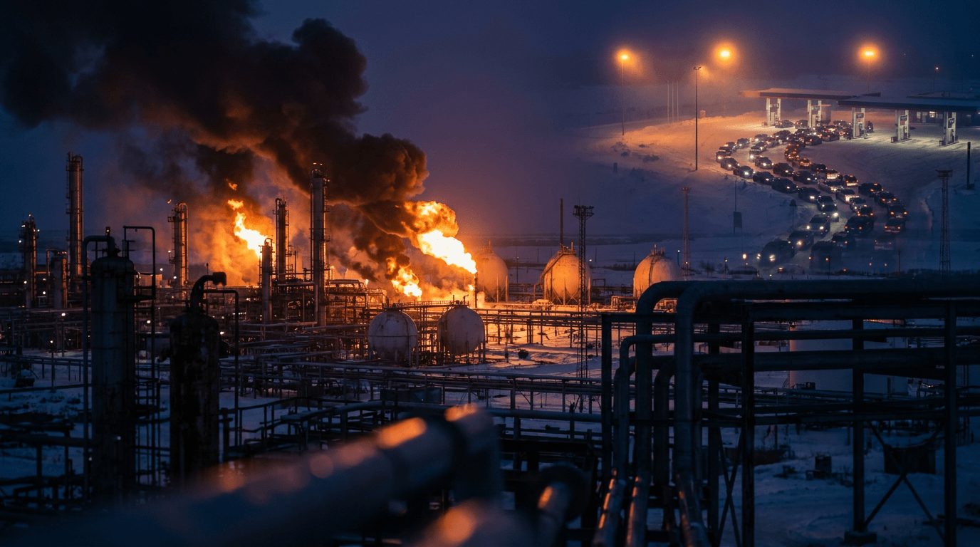 A dramatic aerial view of a Russian oil refinery or diesel depot at night, with orange flames and thick black smoke billowing from strike damage, silhouetted industrial storage tanks and pipelines in the foreground.