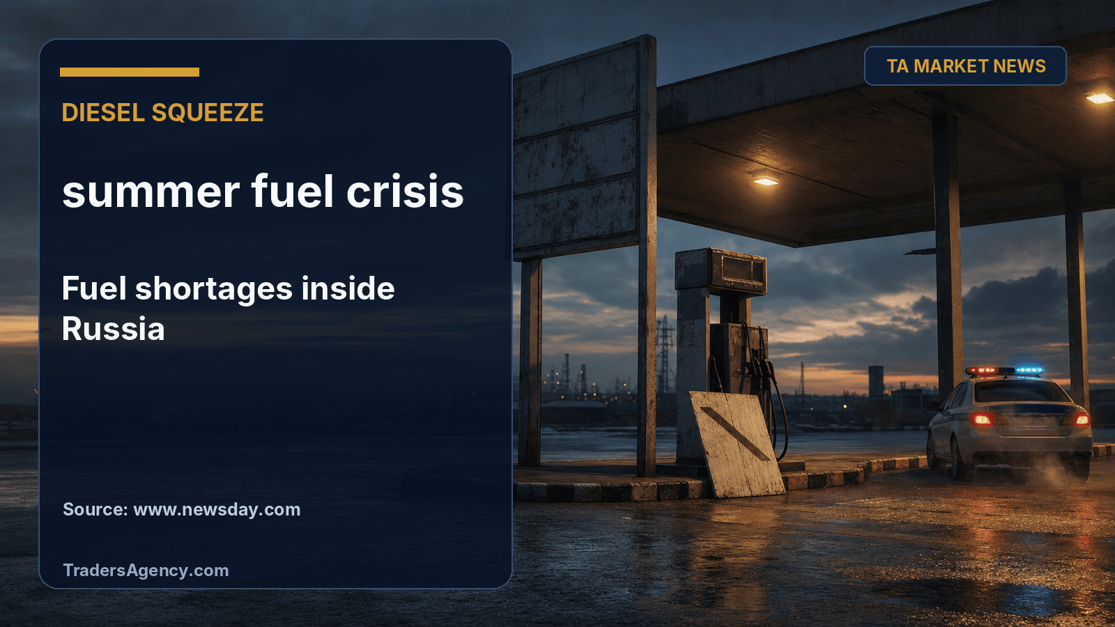 Illustration of an empty Russian gas station at dusk with a handmade sign indicating diesel is out of stock and a patrol car nearby.
