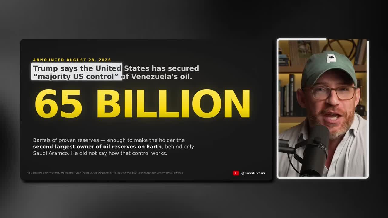 Stat overlay showing 65 billion barrels of proven oil reserves in Venezuela, with headline noting Trump's claim of majority US control announced August 28th