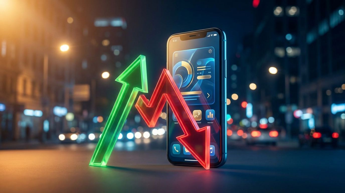 A sleek Uber-branded smartphone app glowing on a dark background, with a bold upward green arrow beside it being met by a sharp red downward arrow, visually capturing the paradox of strong earnings clashing with a falling stock price.