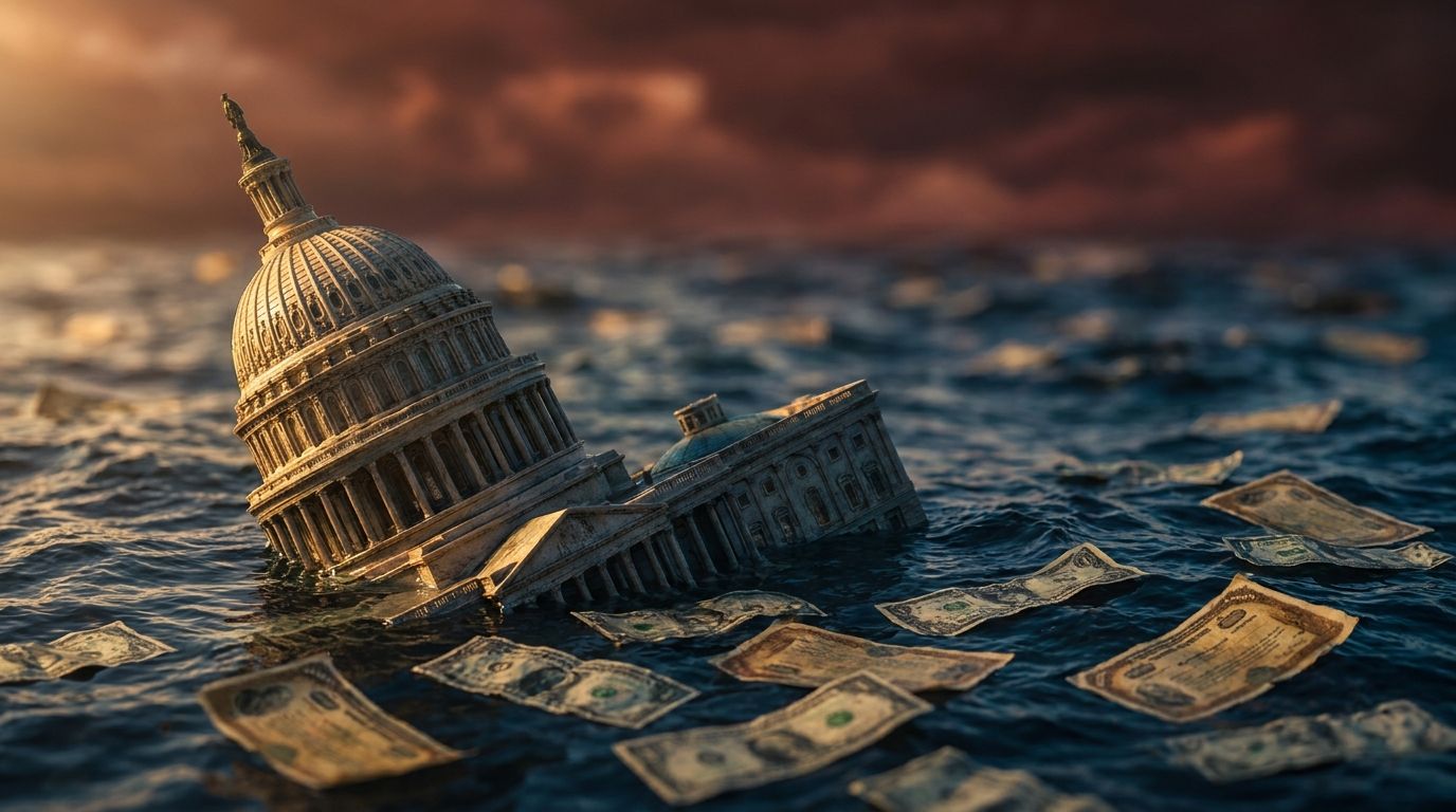 A crumbling or sinking United States Capitol building half-submerged in a rising tide of water, with the water's surface littered with floating dollar bills and bond certificates.