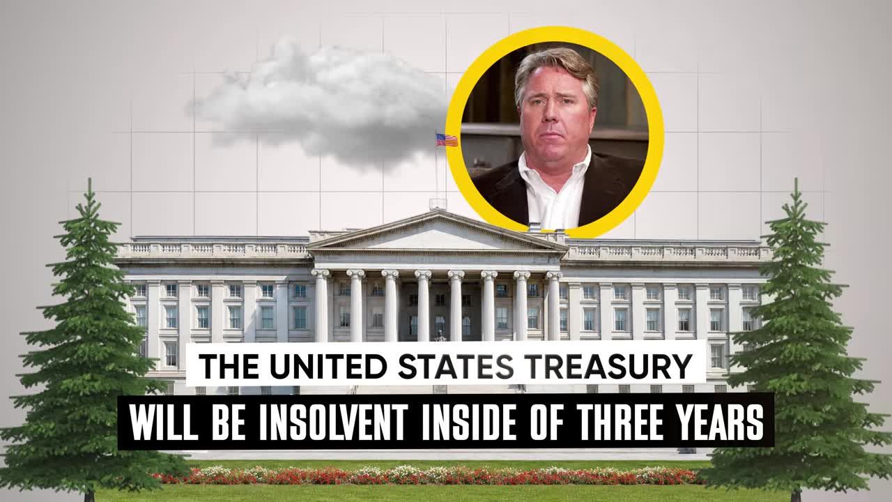 Graphic of the U.S. Treasury building with text overlay warning that the United States Treasury will be insolvent within three years