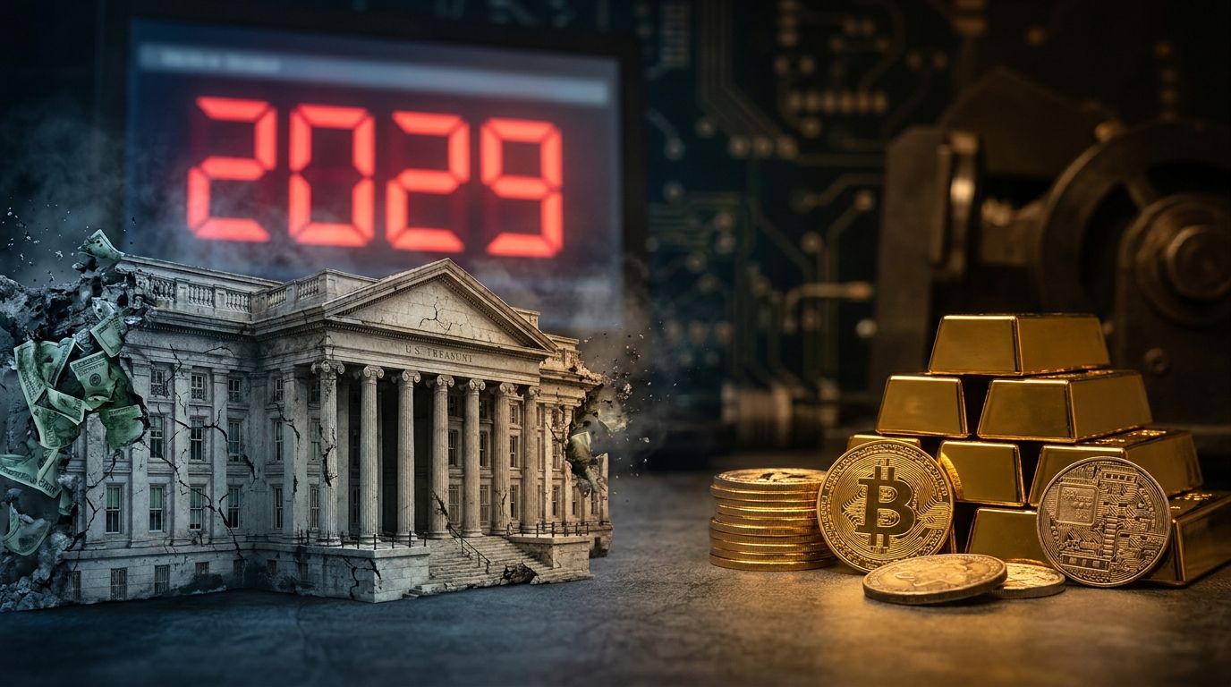 A crumbling or fractured U.S. Treasury building or dollar bill dissolving at the edges, with a bold red countdown clock or calendar showing "2029" looming in the background. The foreground features a split composition — on one side, stacks