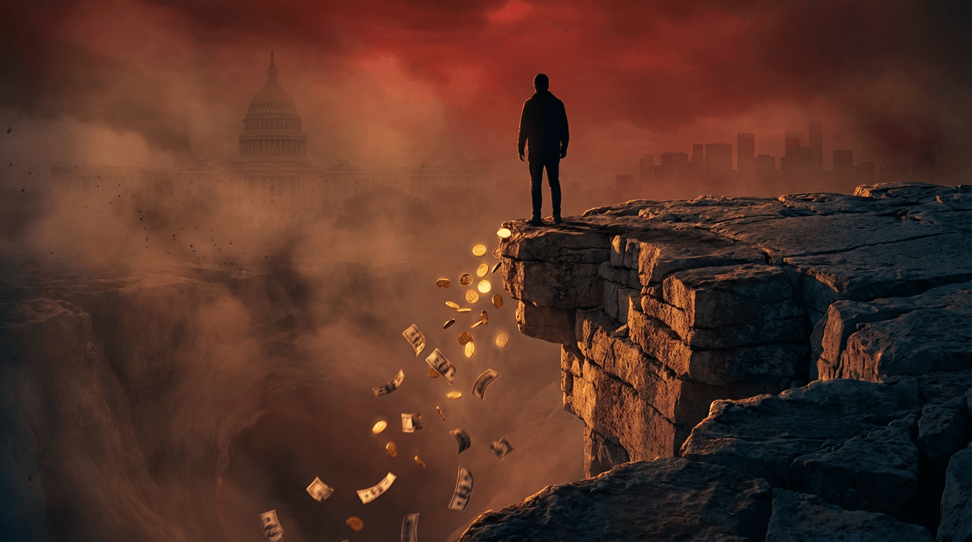 A crumbling stone cliff edge with a lone figure standing at the precipice, overlooking a vast chasm below, while a cascade of gold coins and paper currency pours off the edge into the void.