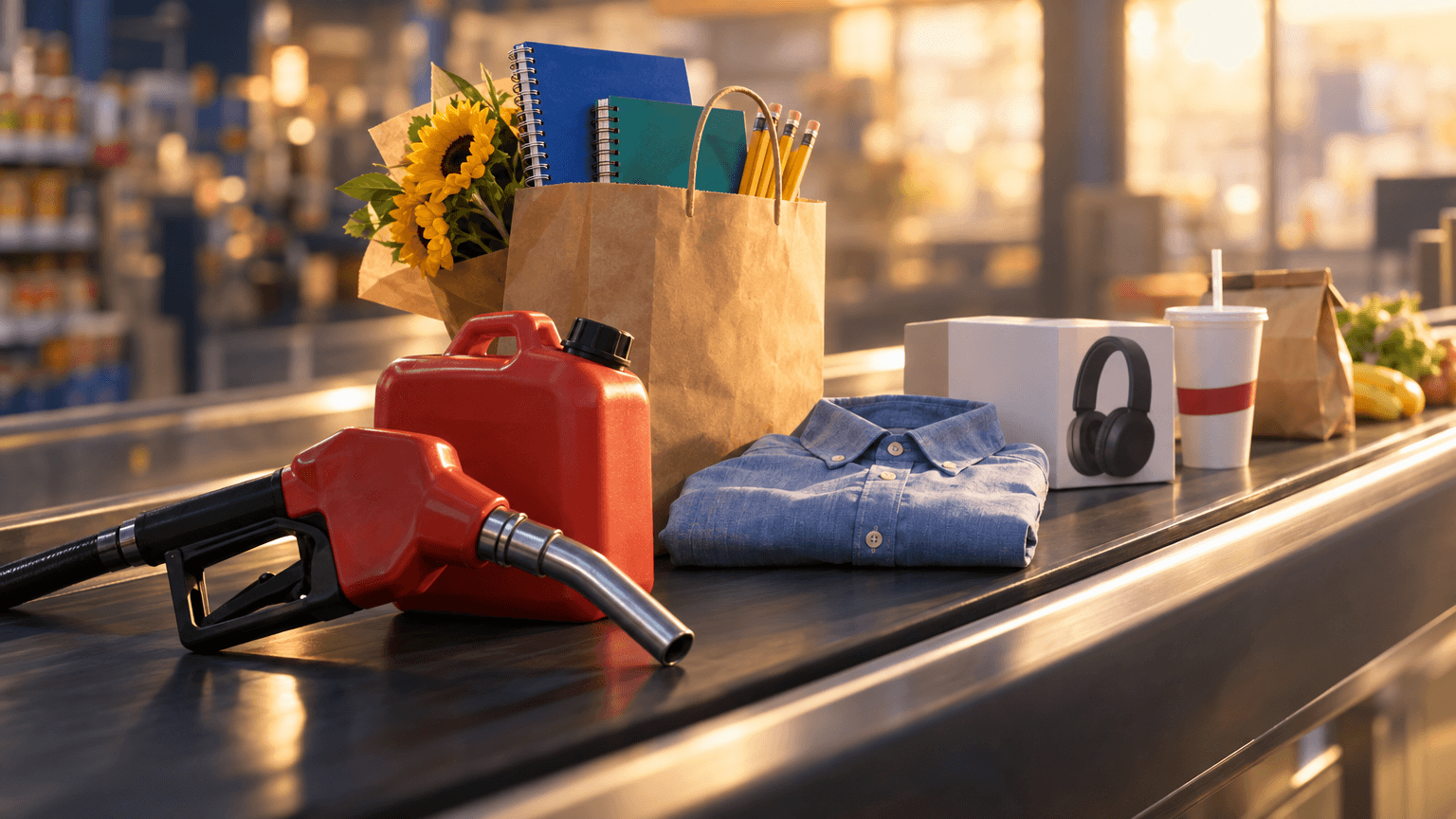A checkout conveyor belt with everyday purchases—fuel nozzle, shopping bag, school supplies, folded clothing, and a takeout cup—arranged to suggest rising consumer spending, softly lit in a blurred retail interior.