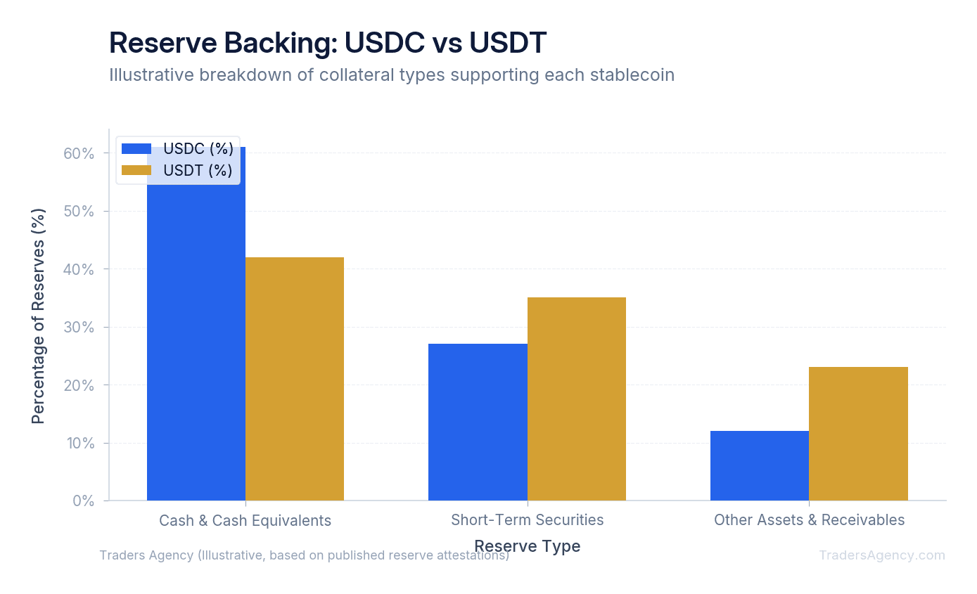 Bar chart comparing the reserve backing composition of USDC and USDT, showing cash, short-term securities, and other assets as percentages