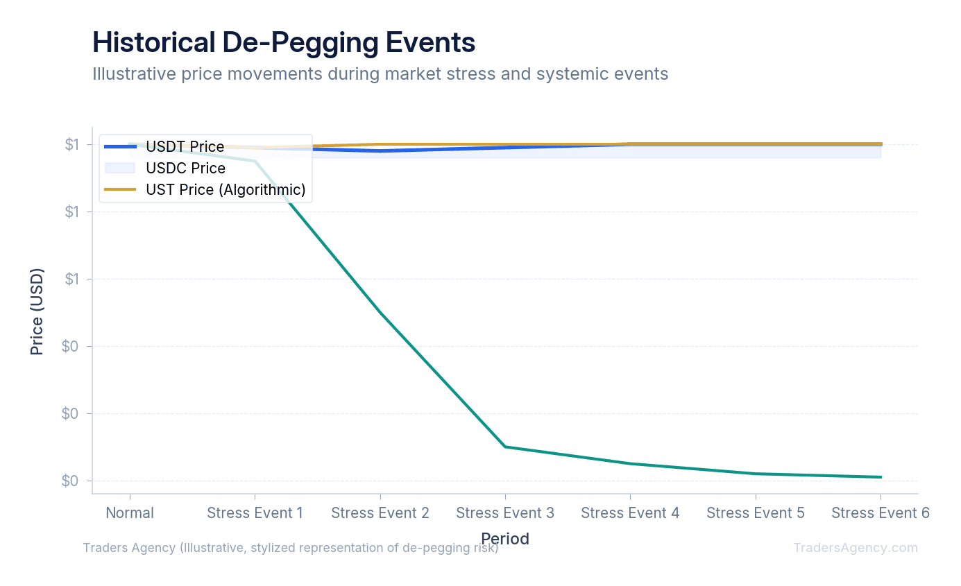 Line chart showing price deviations from $1 for USDT, USDC, and UST during stress periods, with UST collapsing to near-zero