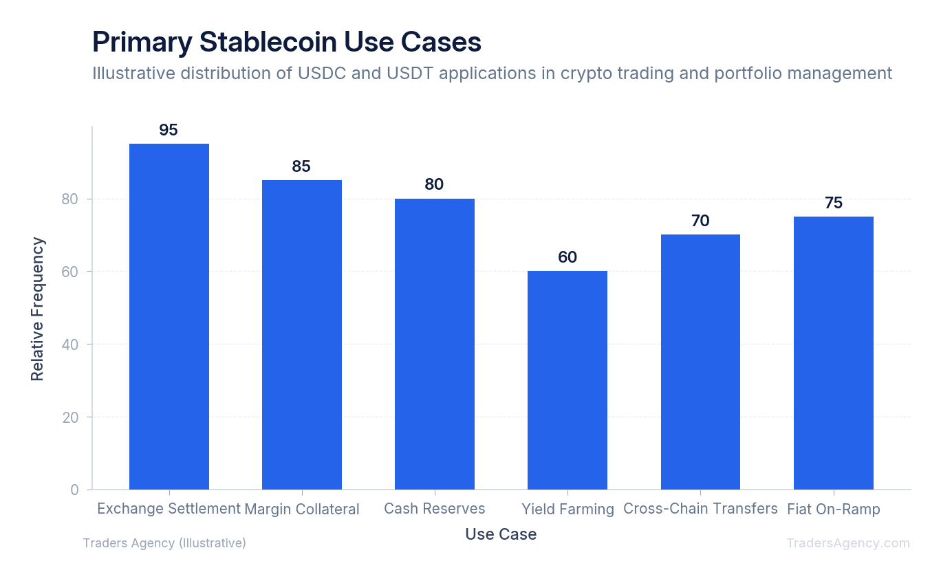 Bar chart showing frequency of stablecoin use across different trading and portfolio applications including settlement, margin collateral, and cash reserves