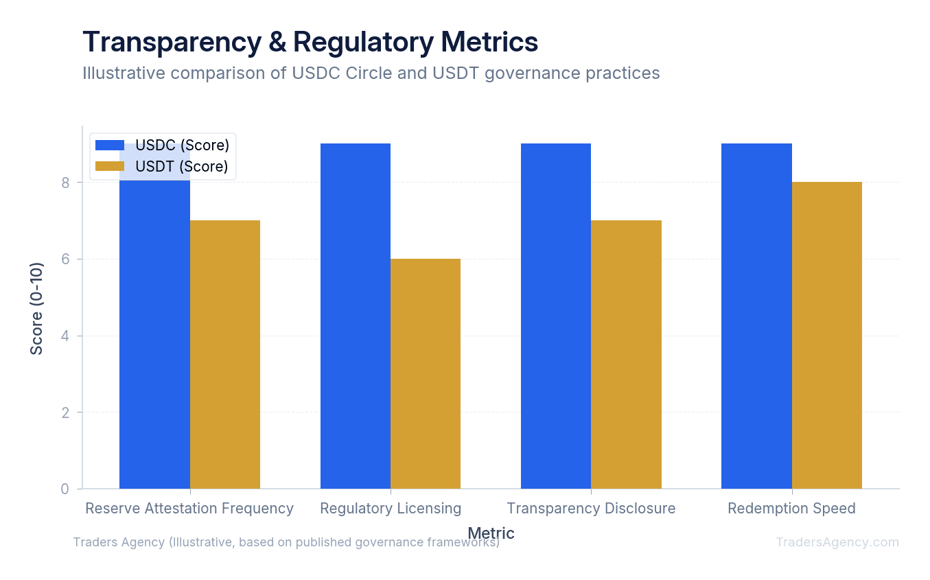 Bar chart comparing regulatory oversight, reserve attestation frequency, and transparency metrics between USDC and USDT