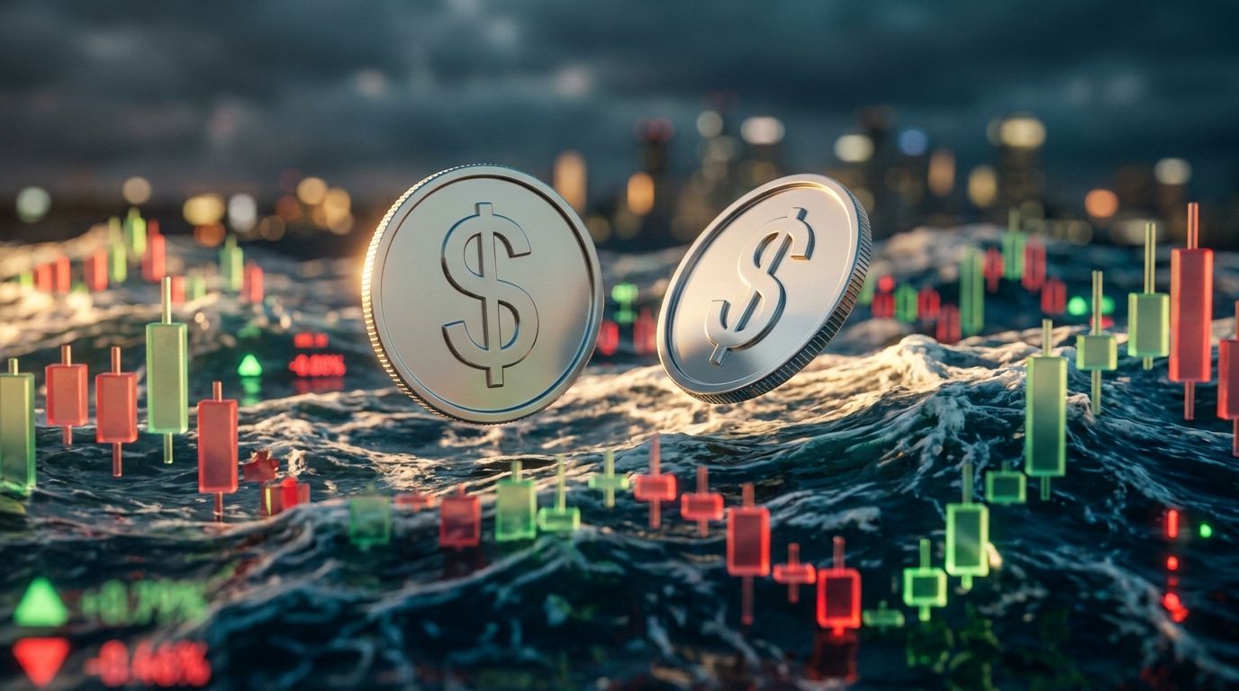 A split composition showing two gleaming silver coins side by side, each embossed with the dollar sign, hovering above a turbulent ocean of red and green crypto candlestick charts.