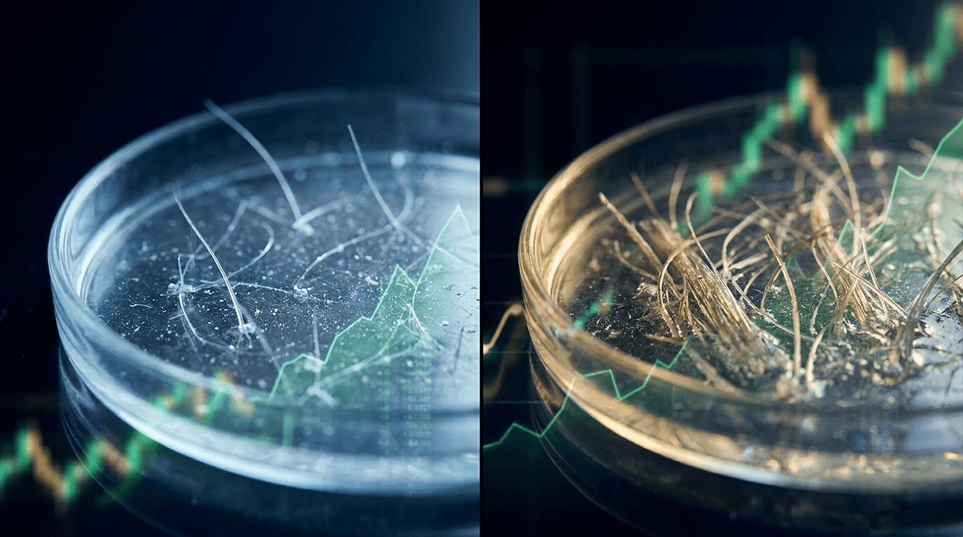 A close-up split-screen comparison of a scalp before and after treatment, showing sparse thinning hair transforming into a fuller, denser head of hair, rendered with a clinical, laboratory-clean aesthetic.