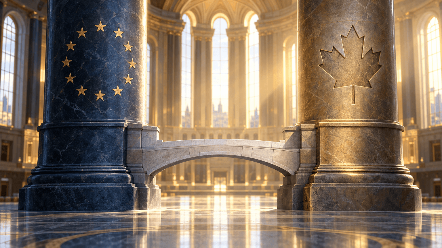 Two large stone pillars—one etched with a star pattern, the other with a maple leaf relief—connected by a newly built stone bridge inside a grand parliamentary hall.