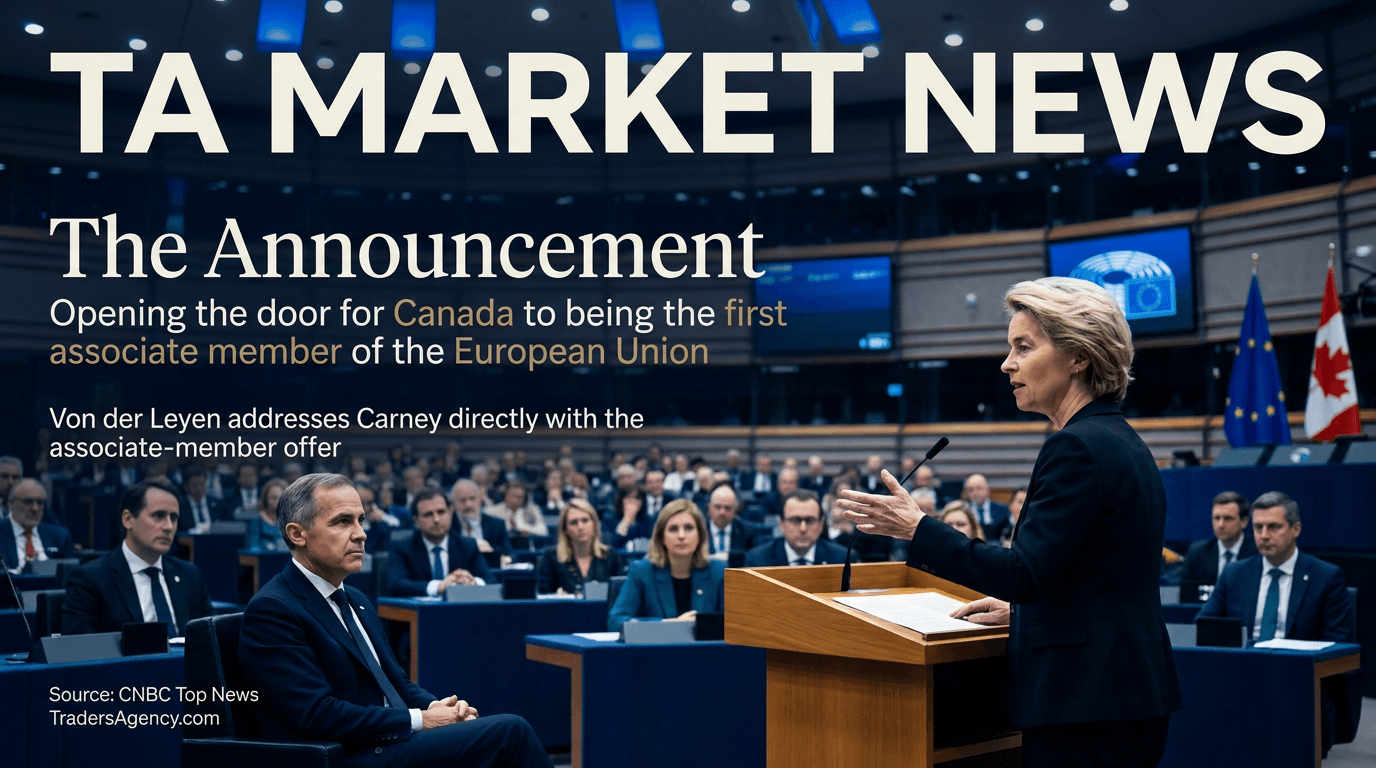 Von der Leyen speaking at a podium in the European Parliament chamber while Mark Carney sits in the audience