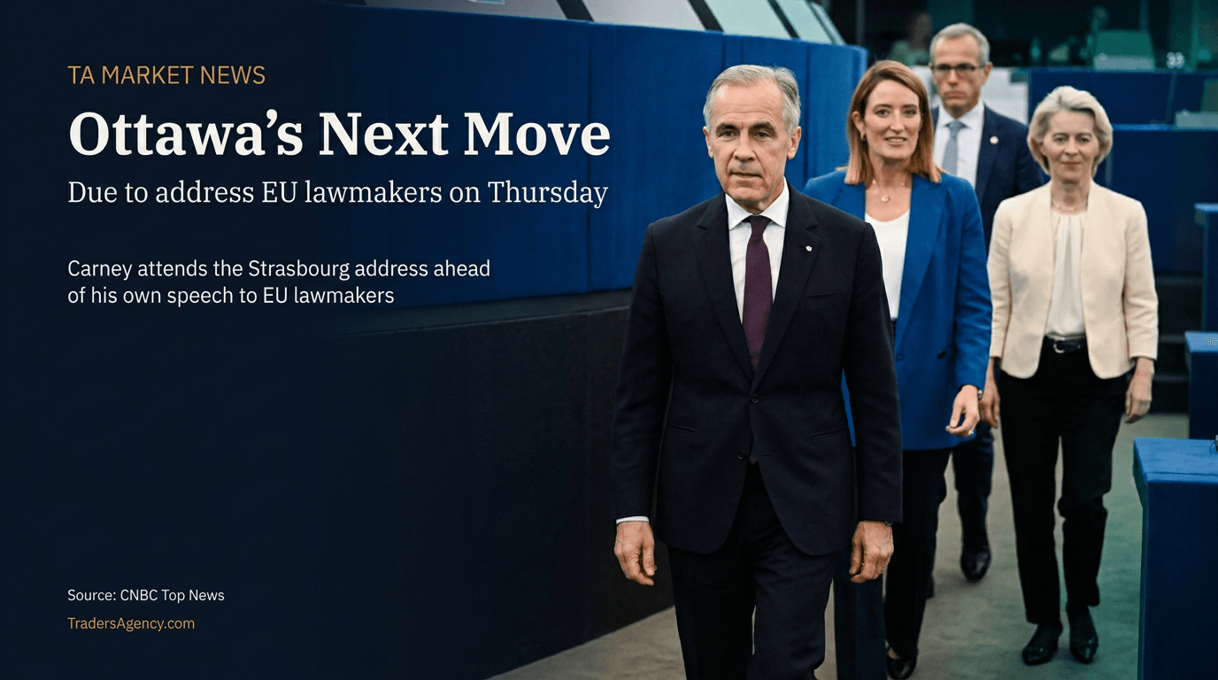 Mark Carney walking ahead of Roberta Metsola and Ursula von der Leyen through a European Parliament hallway