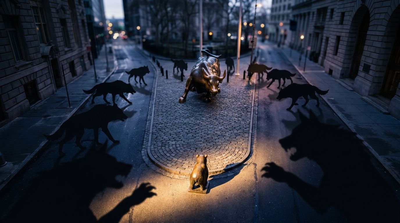 A dramatic aerial view of Wall Street's iconic charging bull statue, but with shadowy wolf silhouettes circling it hungrily in the surrounding darkness. In the foreground, a lone smaller figure is cornered, illuminated by a harsh spotlight, while larger predatory shadows close in from all sides. The stark contrast between the bright, exposed smaller player and the encircling darkness powerfully captures the predatory hierarchy of financial markets and the concept of a market top where the powerf