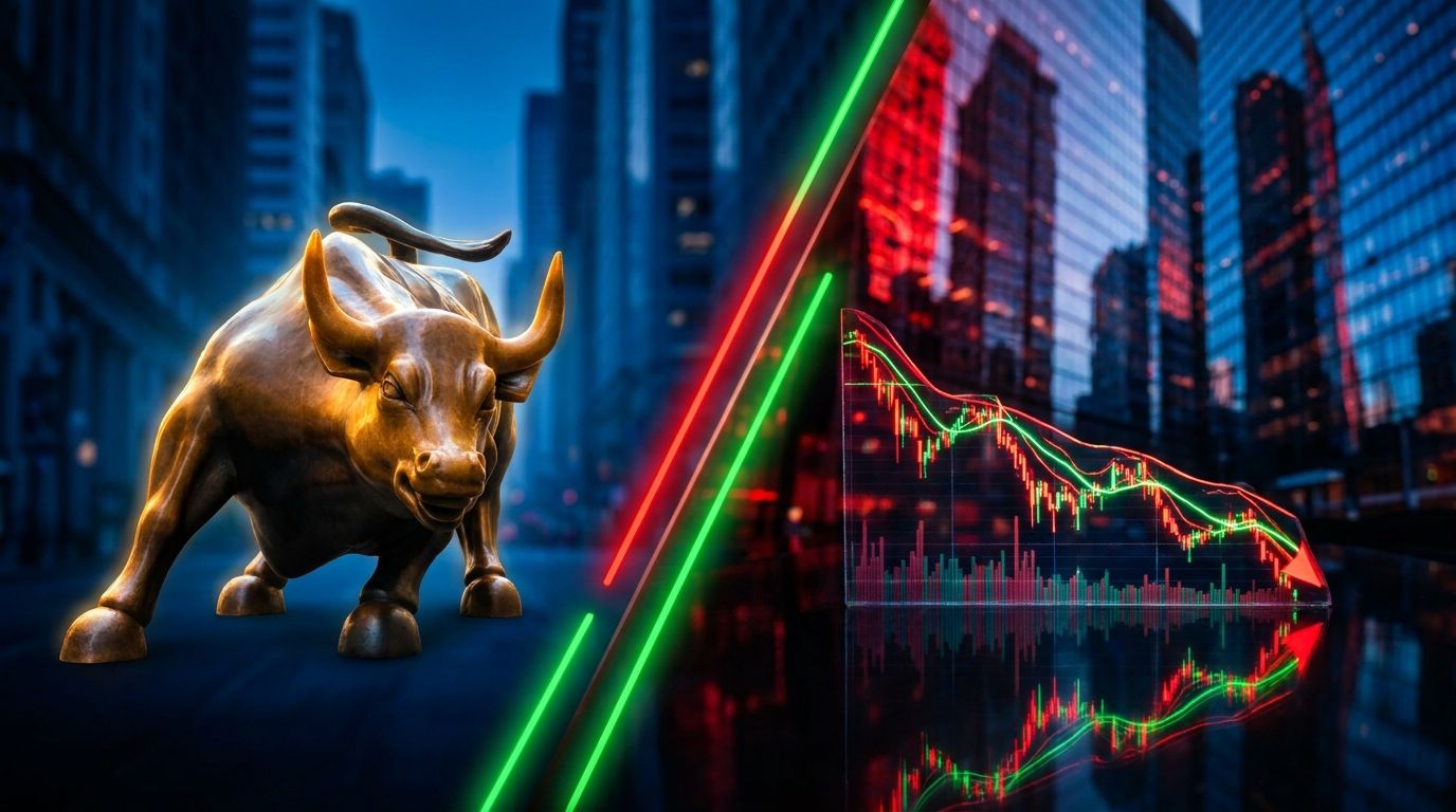 A dramatic split-screen visual shows a glowing Wall Street bull statue on one side and a downward-trending stock chart on the other, with bold red and green market data lines cutting across the scene.