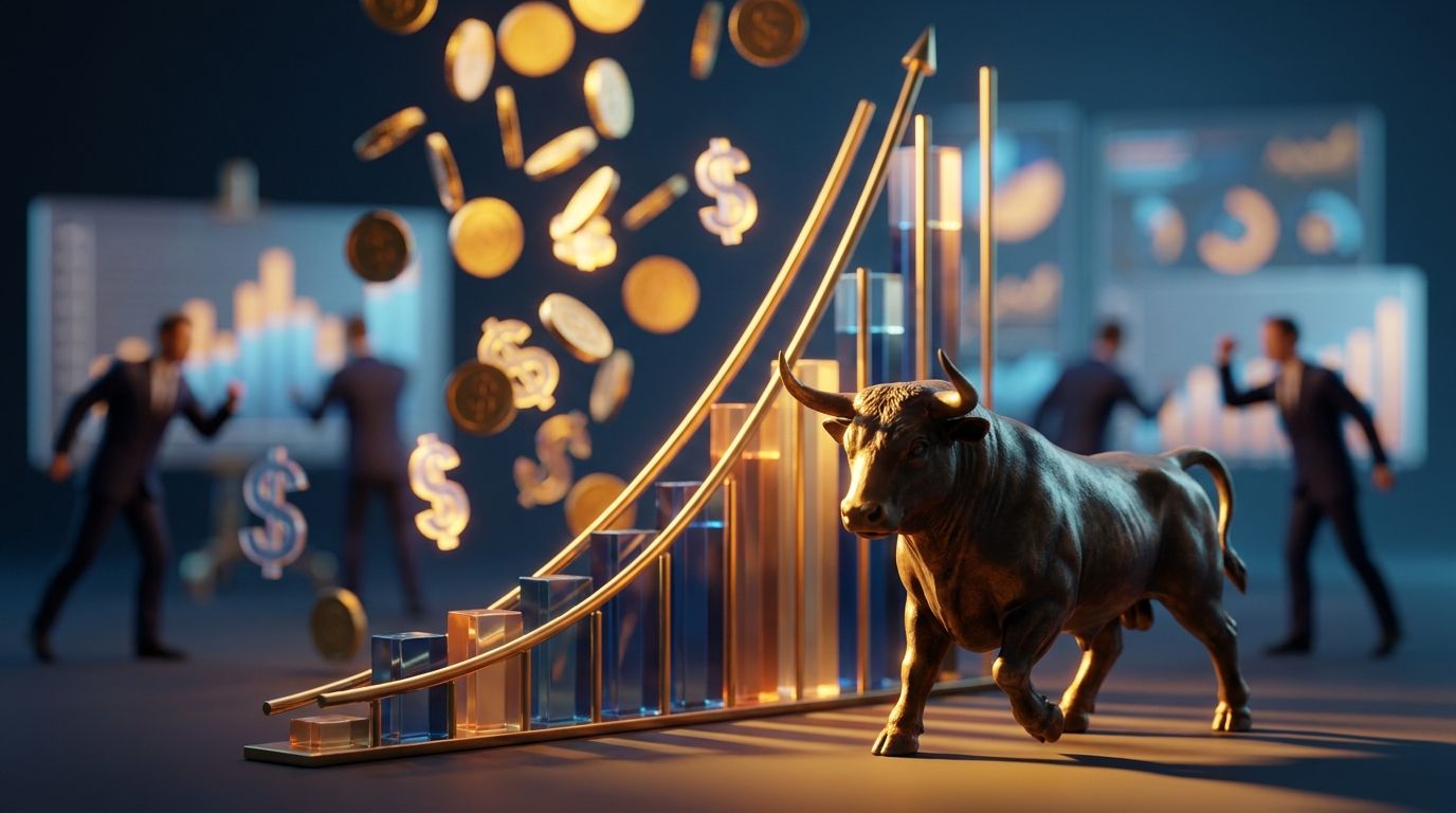 A Wall Street bull statue stands confidently in the foreground while a large upward-trending graph glows behind it, with golden dollar signs or coins raining down from above. The scene is bathed in warm, optimistic lighting — contrasting the bull's strength against a backdrop of surprised, wide-eyed analyst figures in suits scrambling to revise their charts upward. The overall composition conveys the powerful disconnect between pessimistic expectations and the reality of corporate earnings surgi