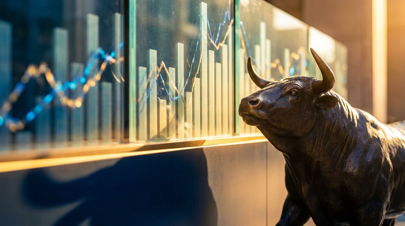 A Wall Street bull statue straining upward against a backdrop of stock charts and bar graphs that are clearly trending higher than expected, with a visual "bar" or threshold line being dramatically surpassed. The scene captures the tension between low expectations and surprising reality, with warm golden light breaking through suggesting an upside surprise. The composition should feel dynamic and slightly dramatic, conveying the idea of markets being caught off-guard by better-than-anticipated r