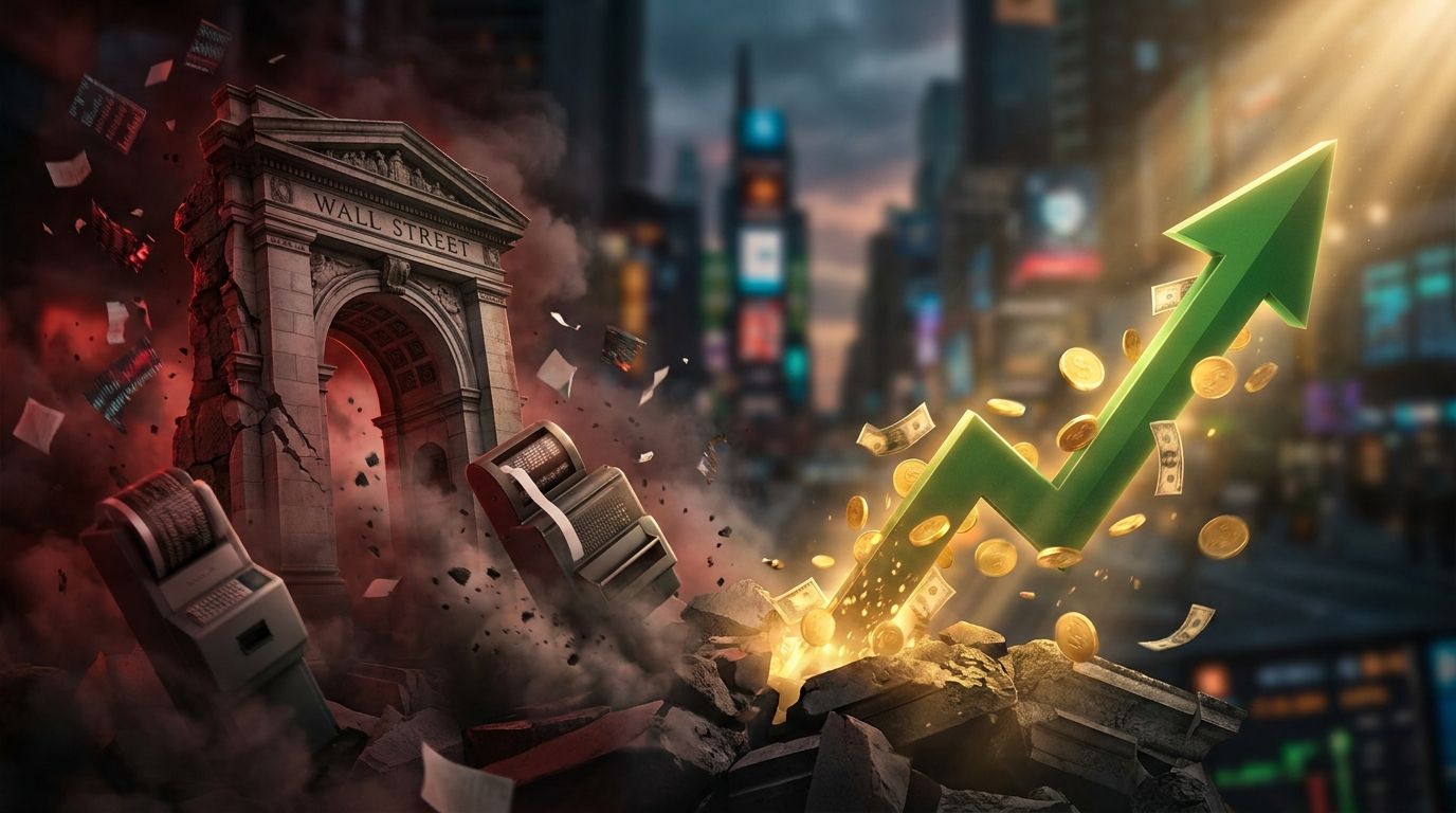 A dramatic split-scene image showing a crumbling Wall Street building or stock ticker in freefall on one side, contrasted with a sharp upward green arrow or rising gold coins/cash on the other side, symbolizing opportunity emerging from cha