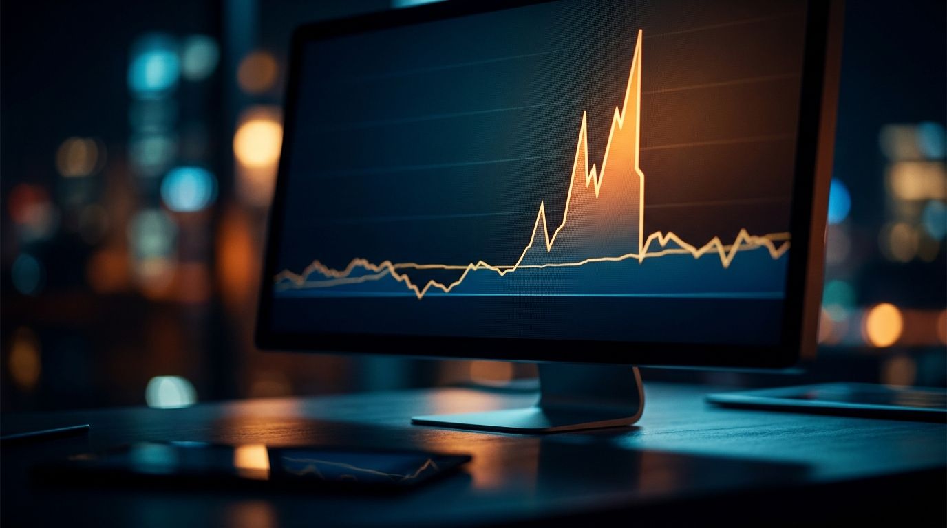 A close-up shot of a stock chart on a glowing screen, where a single dramatic spike or breakout candle stands out sharply against a flat, quiet baseline of normal price action. The contrast between the calm, steady pattern and the sudden surge visually captures the "break in character" concept at the heart of the article. Dramatic lighting with deep shadows and a bright highlight on the anomalous candle would make the image instantly eye-catching as a thumbnail.