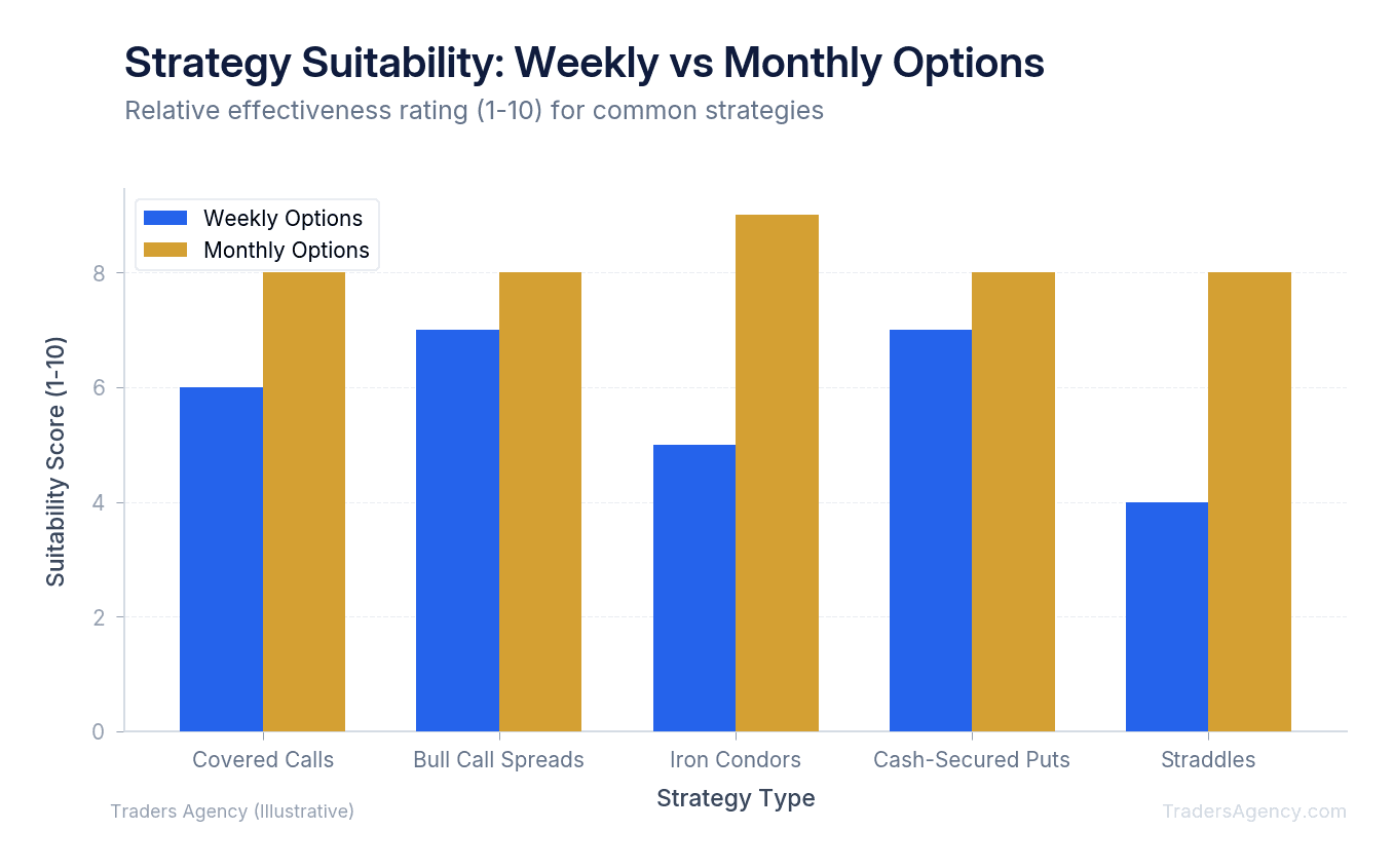 Bar chart showing suitability scores for covered calls, spreads, iron condors, and straddles using weekly vs monthly options