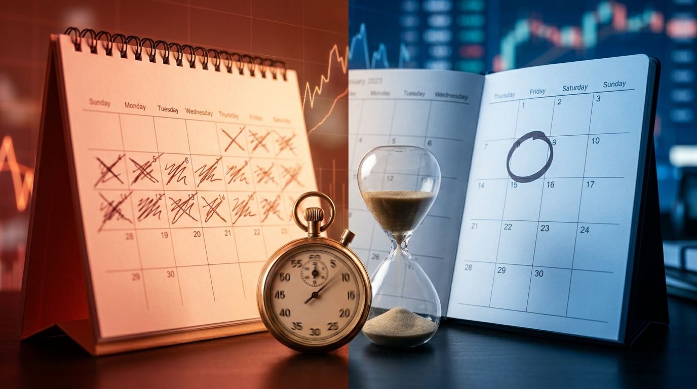 A split-screen composition shows two calendars side by side — one displaying a single week with days rapidly crossing off, and the other showing a full monthly calendar with a circled third Friday — both overlaid with a subtle stock chart t