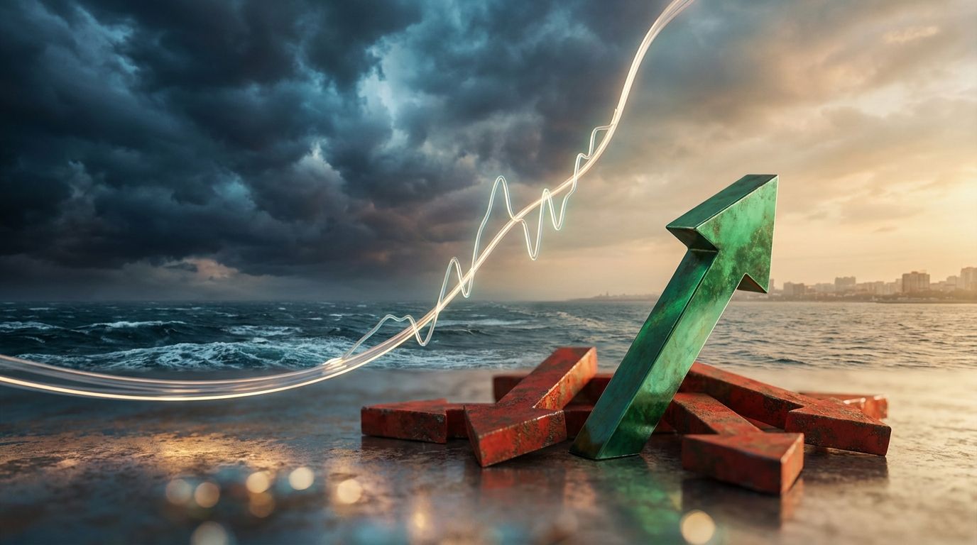 A split-screen financial scene showing a stormy, turbulent sky on one side gradually transitioning into calmer, clearer skies on the other, with a stock market chart line weaving between the two zones. In the foreground, a single bold green upward arrow cuts through a sea of red downward arrows, visually representing resilience beneath surface-level volatility. The overall mood balances tension and cautious optimism, capturing the essence of a market pullback that hasn't yet broken down at its c
