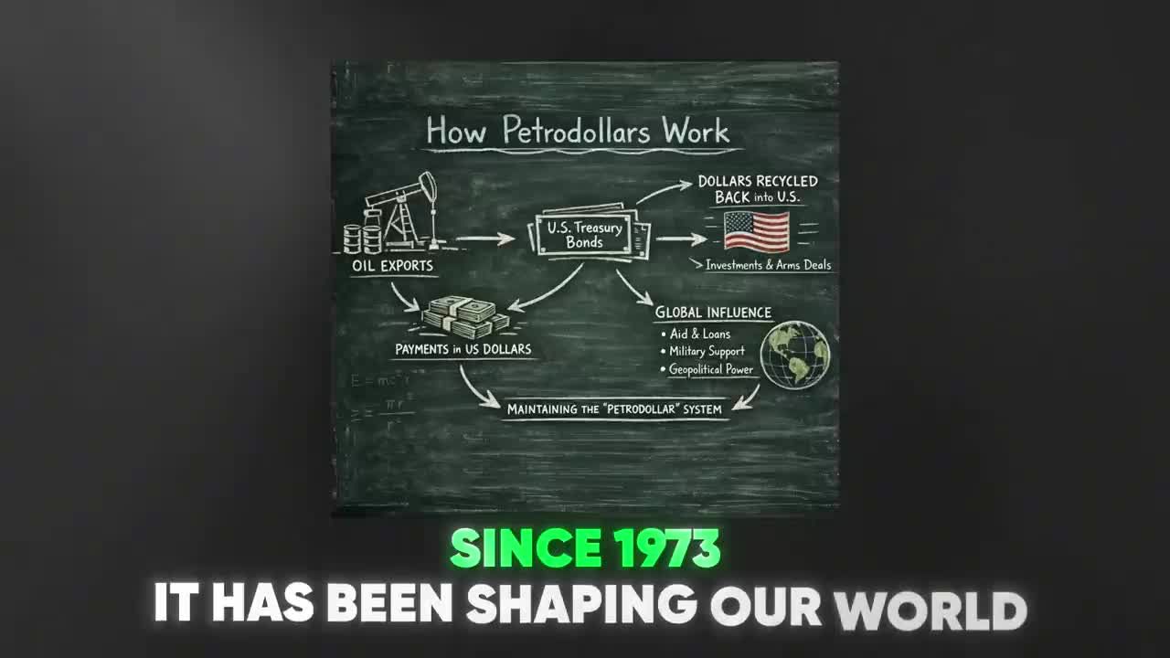 A chalkboard-style infographic titled 'How Petrodollars Work' showing the flow of oil exports for US Dollars, which are then recycled into US Treasury Bonds, and used for global influence, aid, and military support.