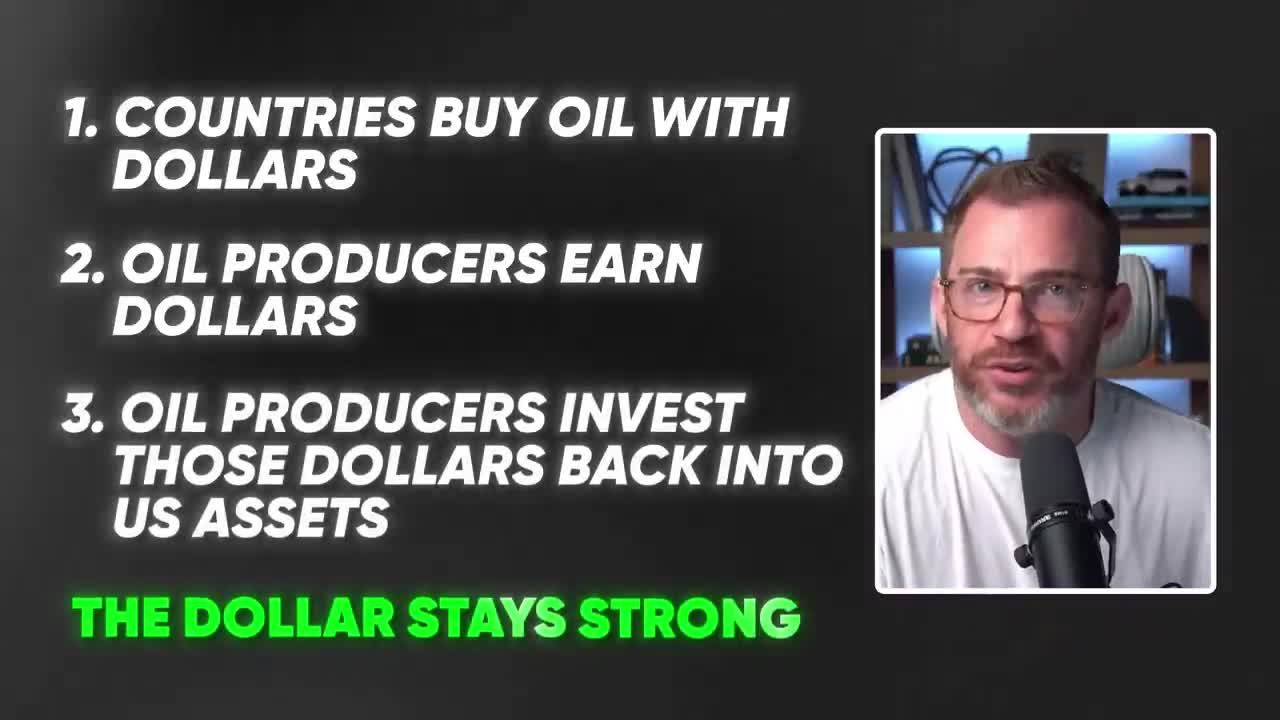Infographic showing the three-step petrodollar recycling loop: countries buying oil with dollars, producers earning dollars, and reinvesting those dollars into US assets.